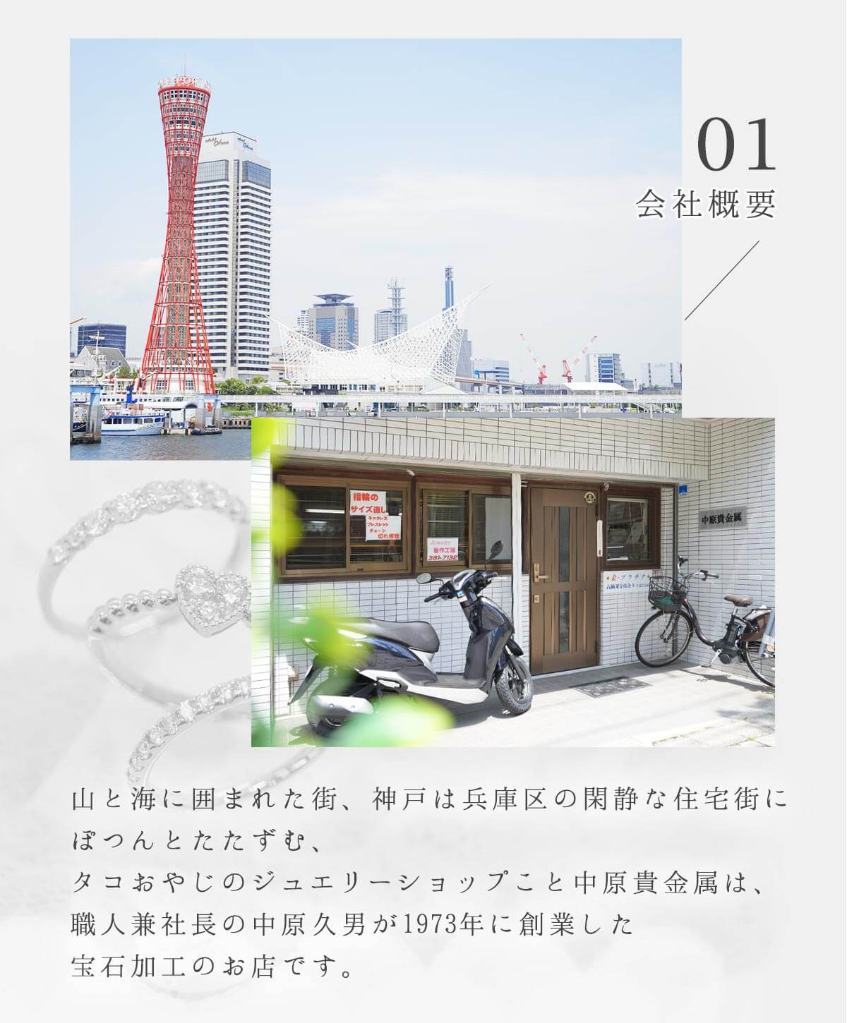 会社概要　山と海に囲まれた街、神戸は兵庫区の閑静な住宅街にぽつんとたたずむ、タコおやじのジュエリーショップこと中原貴金属は、職人兼社長の中原久男が1973年に創業した宝石加工のお店です。